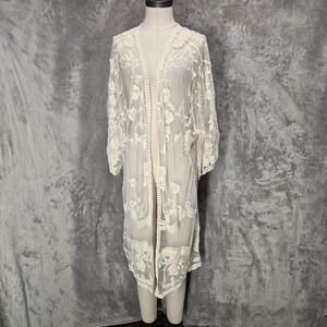 Adiva Kimono Cardigan Women 1X Cream Lace Embroidered Sheer‎ Ethereal Whimsical
